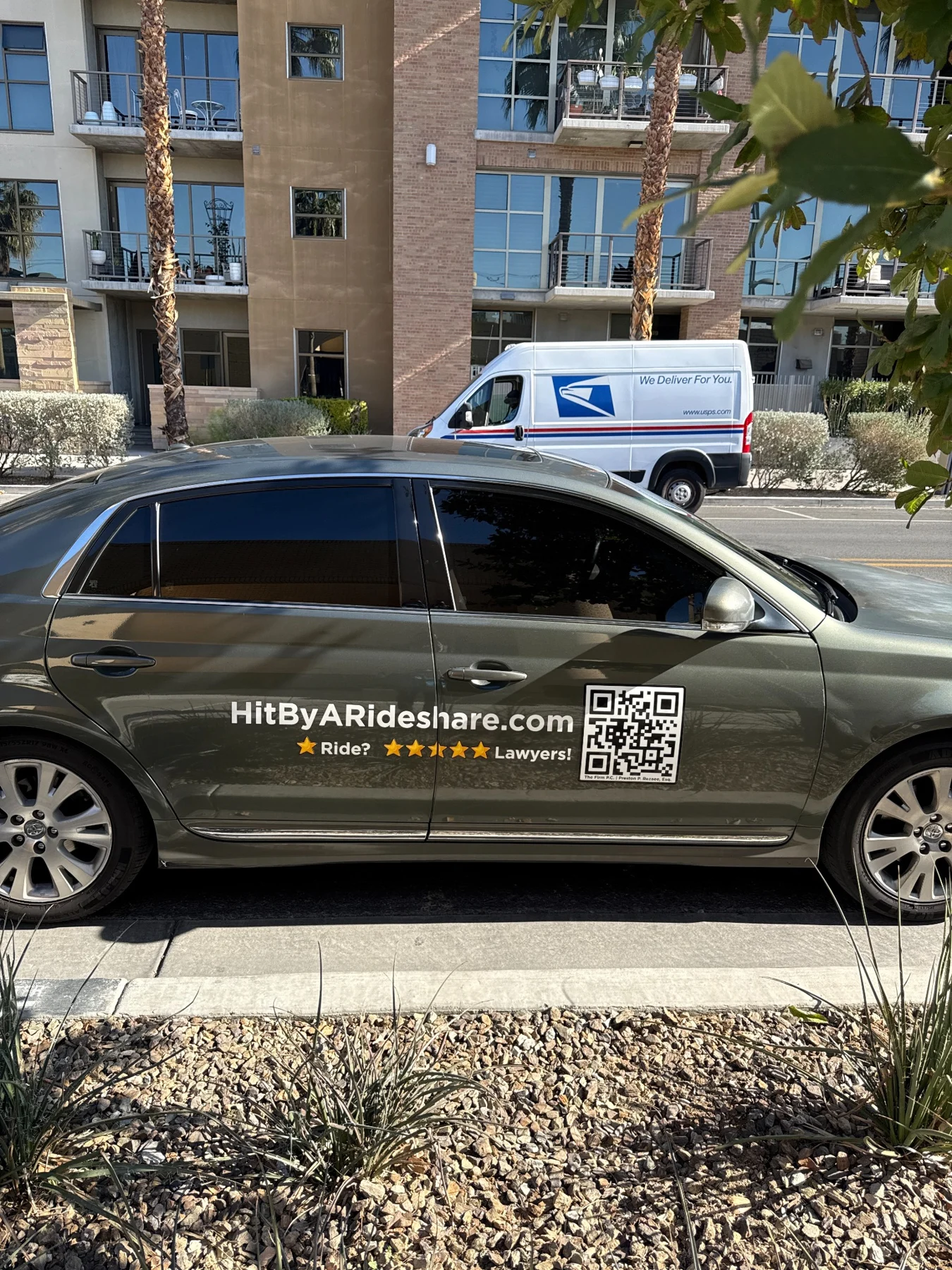 A HitByARideshare.com branded campaign vehicle